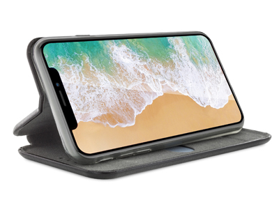 Apple iPhone X - Custodia EcoPelle serie CURVED colore Nero Completa di Case interna Trasparente