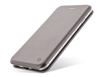 Apple iPhone 12 - PU Leather Case CURVED  Grey Tpu transparent case inside