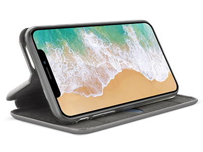 Apple iPhone 12 - PU Leather Case CURVED  Grey Tpu transparent case inside